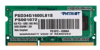 Оперативная память SO-DIMM PATRIOT PSD34G1600L81S DDR3L 4Гб  – фото